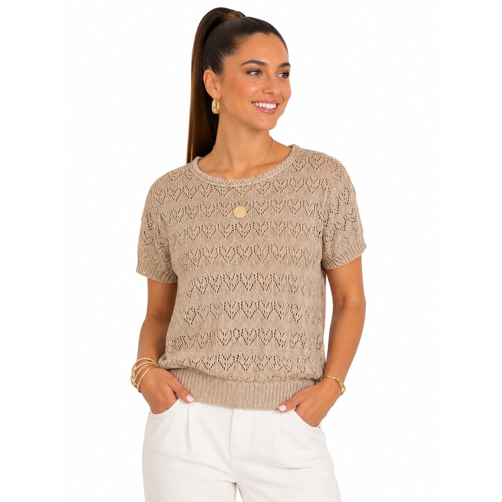 Vintage Cuddle Knit Tan Pointelle Short Sleeve Sweater Top Made in USA Crew Neck